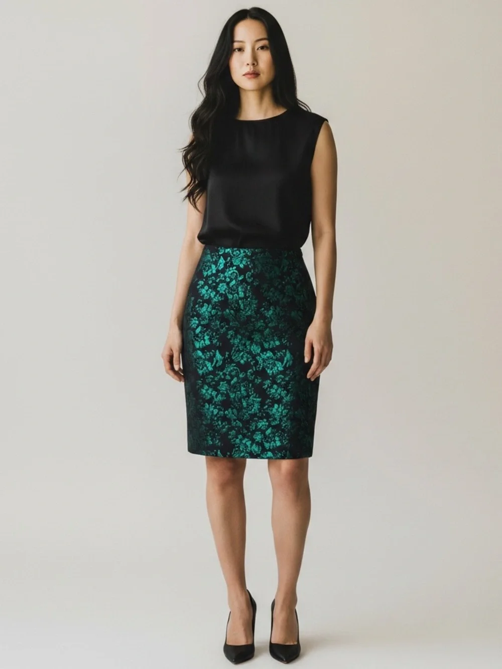 J. Crew Factory The Pencil Skirt Metallic Green Floral Jacquard 10
